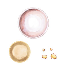 Set of plate top view, olive oil and oil drops in watercolor illustration. Isolated image on breakfast theme for design of cookbooks, magazines, menu, restaurant and cafes decoration.