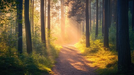 Obraz premium Sunlit forest path with tall trees and golden light rays illuminating a tranquil woodland scene with lush greenery and soft morning mist Copy Space