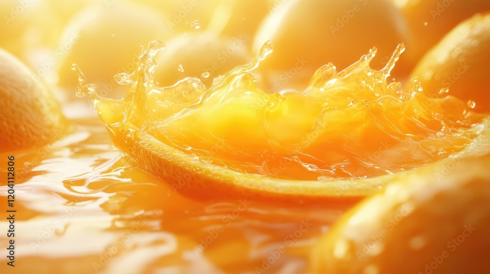Poster Orange slice creating splash in juice with blurred background of oranges and vibrant lighting Copy Space