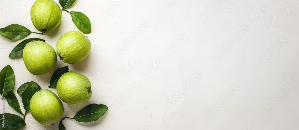 Poster fresh green apples with leaves arranged on a light background ideal for text placement with copy spa