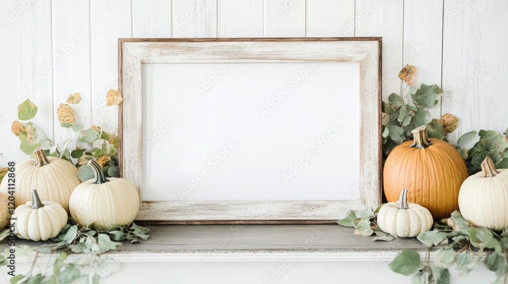 Poster rustic empty picture frame surrounded by autumn pumpkins and greenery on a wooden shelf copy space