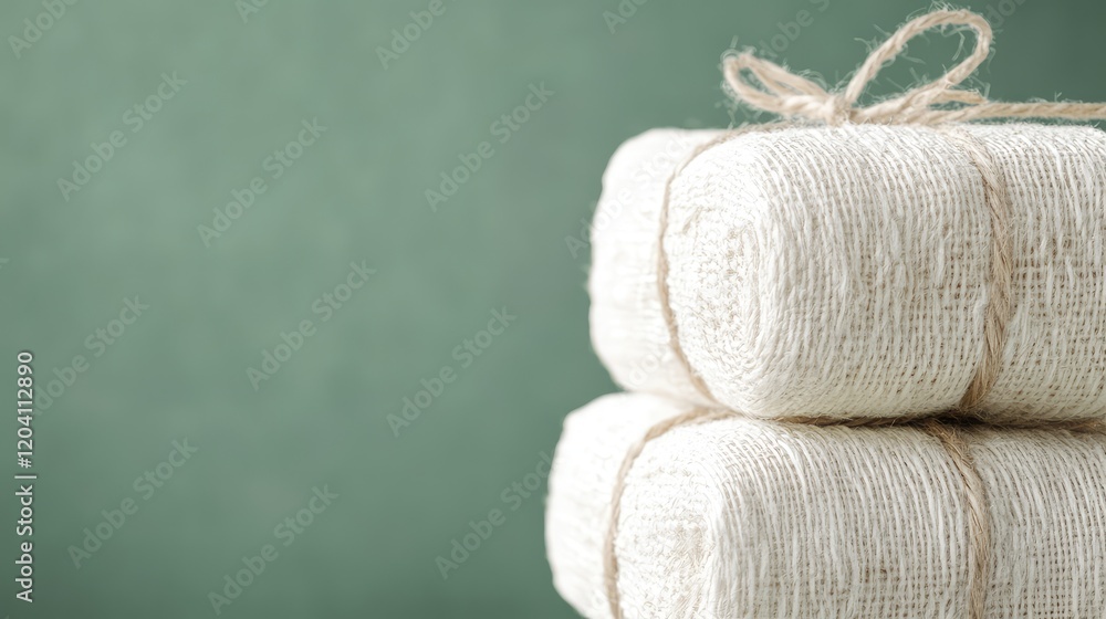 Poster rolled natural fiber twine bundles tied with jute string on green background with copy space for tex