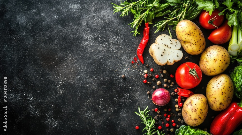 Poster fresh vegetables and spices on dark rustic background with copy space for text including potatoes to
