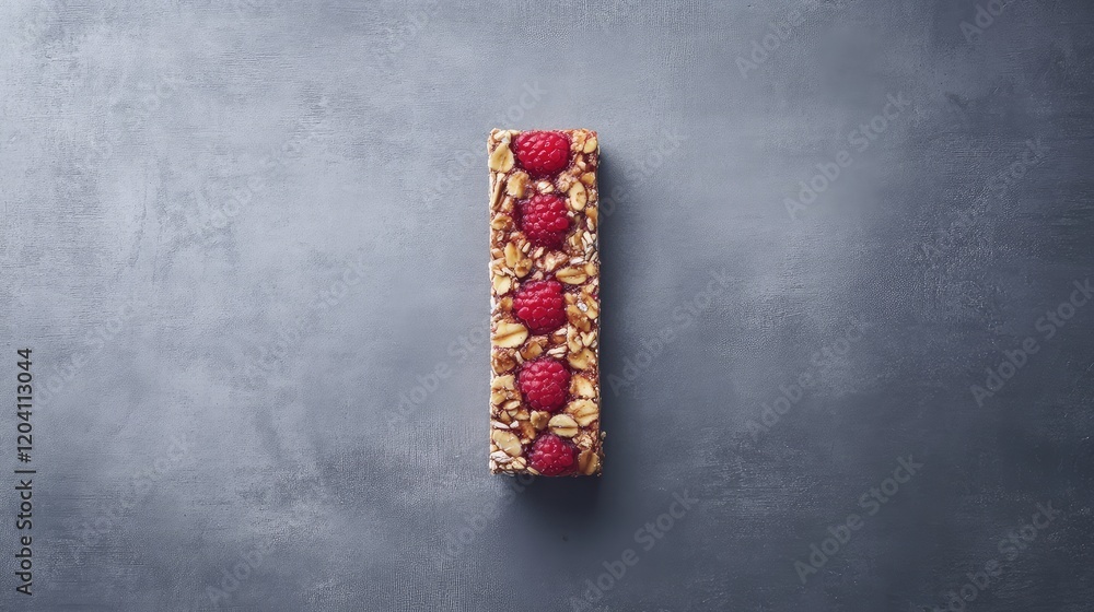 Poster granola bar with raspberries and nuts placed on a textured gray background with copy space for text