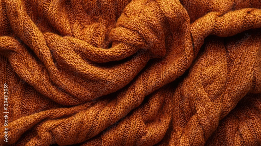 Poster textured knitted orange fabric background with soft folds and creases providing ample copy space for