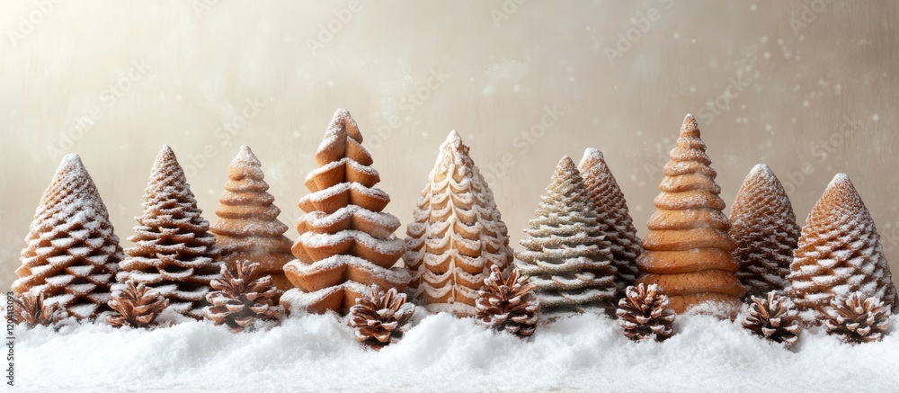 Poster snow-covered pine cone trees in a winter landscape with soft focus background and copy space for tex