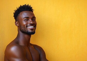 Obraz premium A cheerful young man radiates positivity in a vibrant yellow backdrop, perfect for wellness campaigns, motivational content, or fitness promotions.