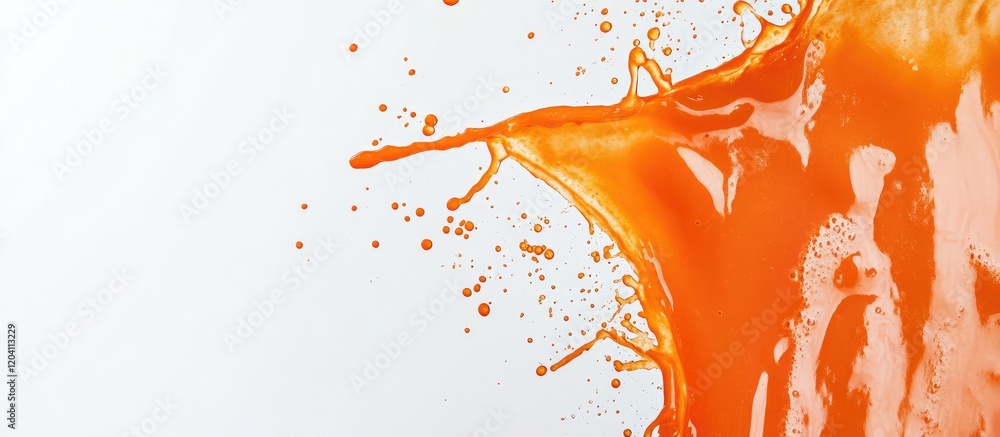 Aufkleber orange juice splash with droplets on white background featuring ample copy space for text placement