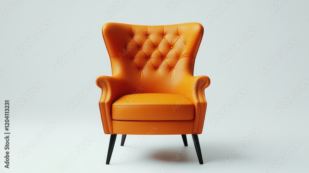 Poster orange upholstered armchair with tufted backrest on white background and ample copy space for text p