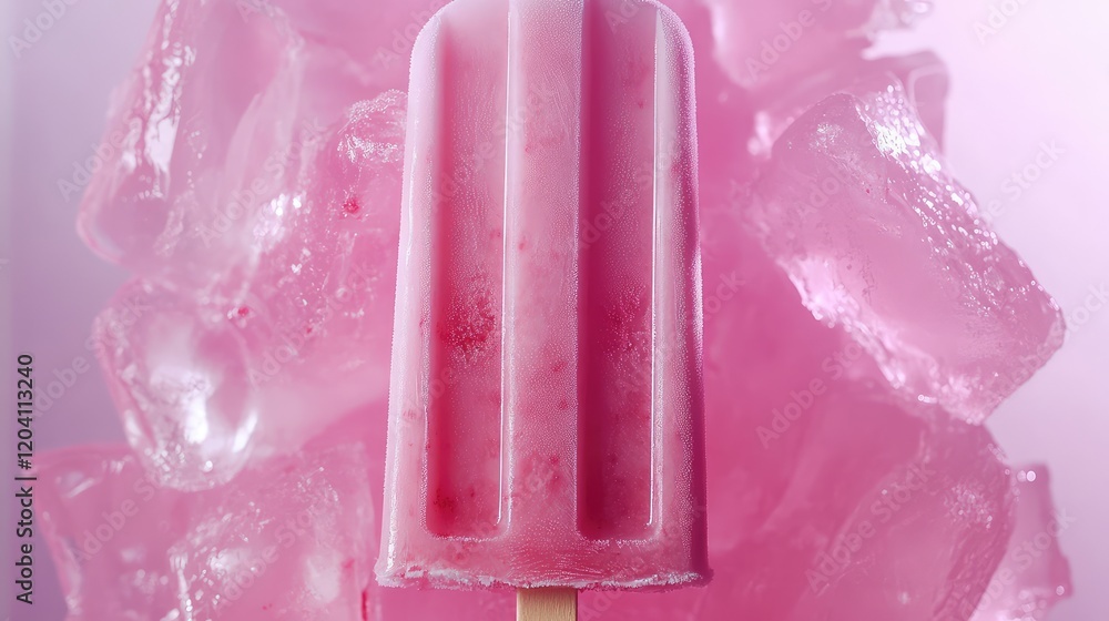 Poster pink ice cream popsicle on a bed of ice cubes with a pink background and copy space for text placeme