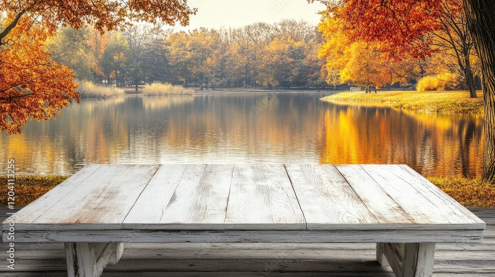 Poster autumn landscape with colorful trees by calm lake and wooden table in foreground ideal for displayin
