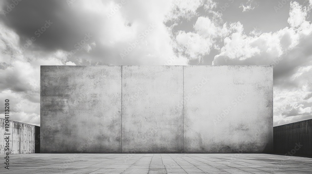Poster blank concrete wall with cloudy sky background and empty pavement space for text placement. ideal fo