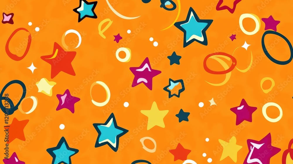 Poster colorful abstract pattern with stars and circles on orange background ideal for graphic design proje
