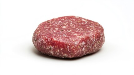 Raw beef burger patty isolated on white background with Copy Space for food related advertising and marketing purposes