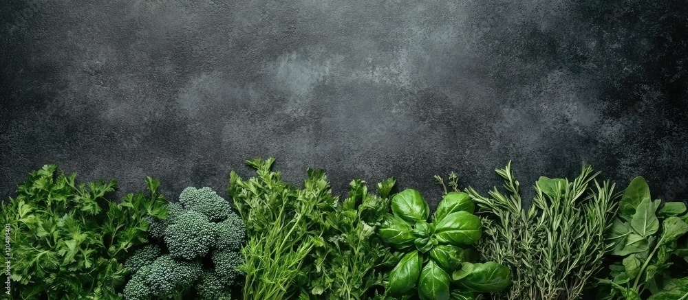 Poster fresh assorted green vegetables with dark background and copy space for text. includes broccoli, spi