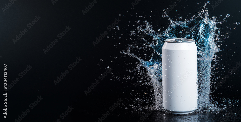 Aufkleber white can with water splashing around it, creating dynamic and refreshing scene. contrast against da