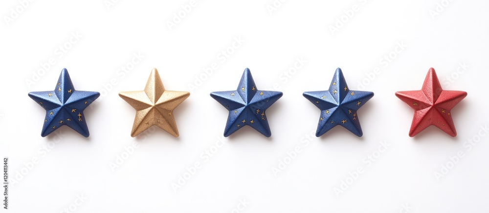 Poster decorative stars in red blue and gold arranged in a horizontal line on a white background with copy 