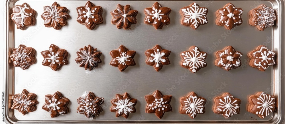 Poster baked chocolate cookies decorated with white icing in snowflake shapes arranged on a baking sheet wi