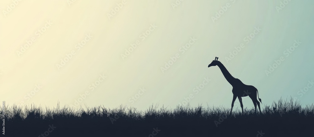 Poster giraffe silhouette against a gradient sky at dusk with grass in foreground and ample copy space for 