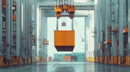 Obraz premium Container being lifted at shipping port front view Cargo handling efficiency animation Triadic Color Scheme