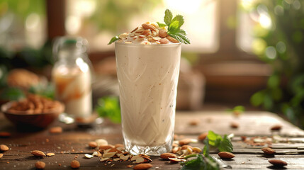 Almond milk smoothie with fresh mint and almond topping