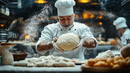 Artisan Chef Preparing Fresh Dough in Busy Rustic Bakery Kitchen