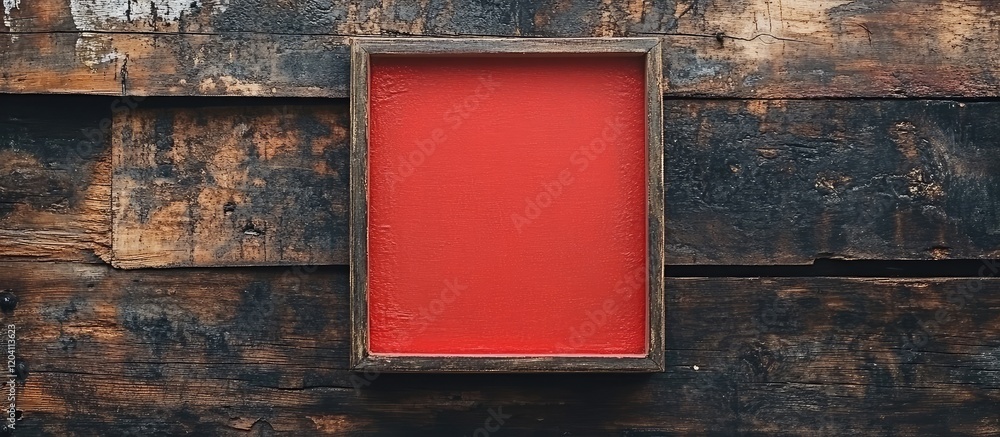 Poster red square in rustic wooden frame against dark wood background with copy space for text or design el