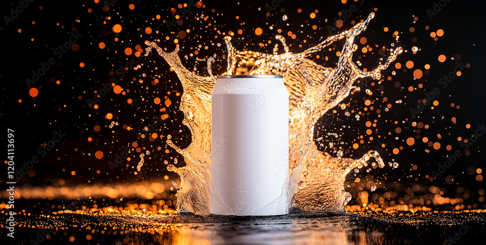 Aufkleber white can surrounded by dynamic splash of water, creating vibrant scene with orange bokeh lights in 