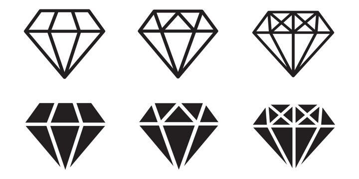 Print Diamond icon set. Different shapes of diamond cuts. Dimond icon set in flat style. Abstract black diamond collection icons. Gemstone icon set. Diamonds logo design