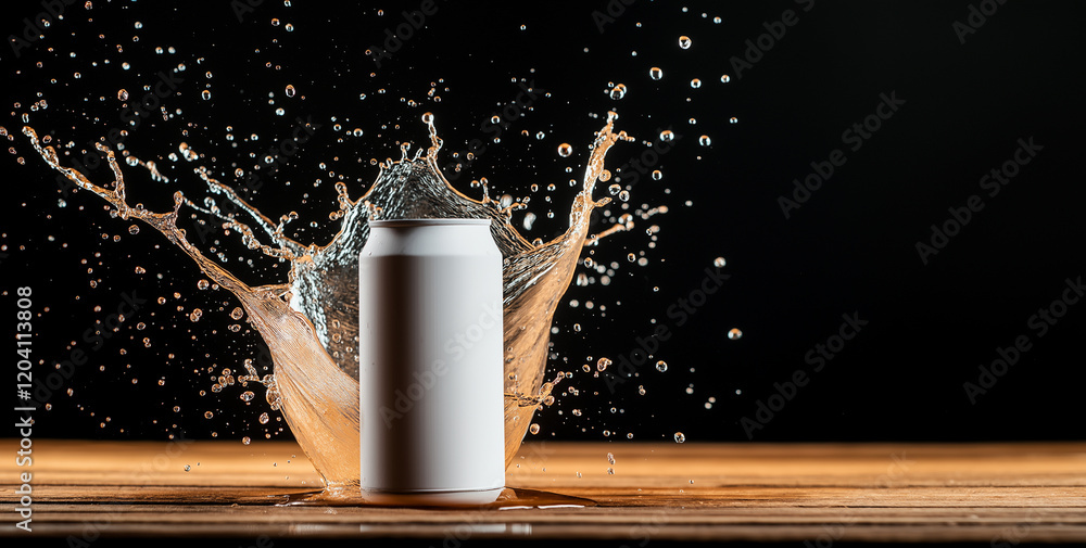 Aufkleber white can stands prominently as water splashes around it, creating dynamic and refreshing scene. con