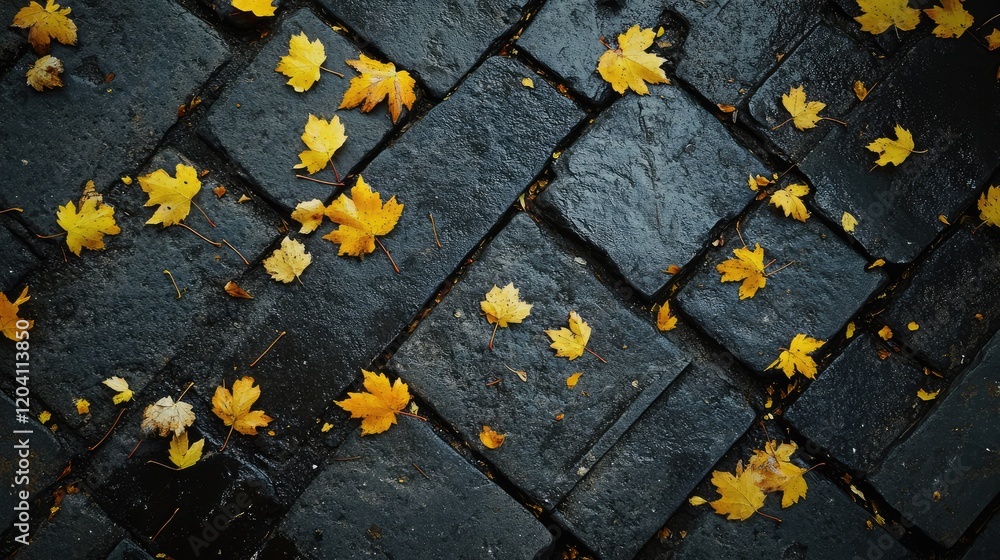 Aufkleber autumn leaves scattered on dark stone pavement with visible texture and copy space for text overlay
