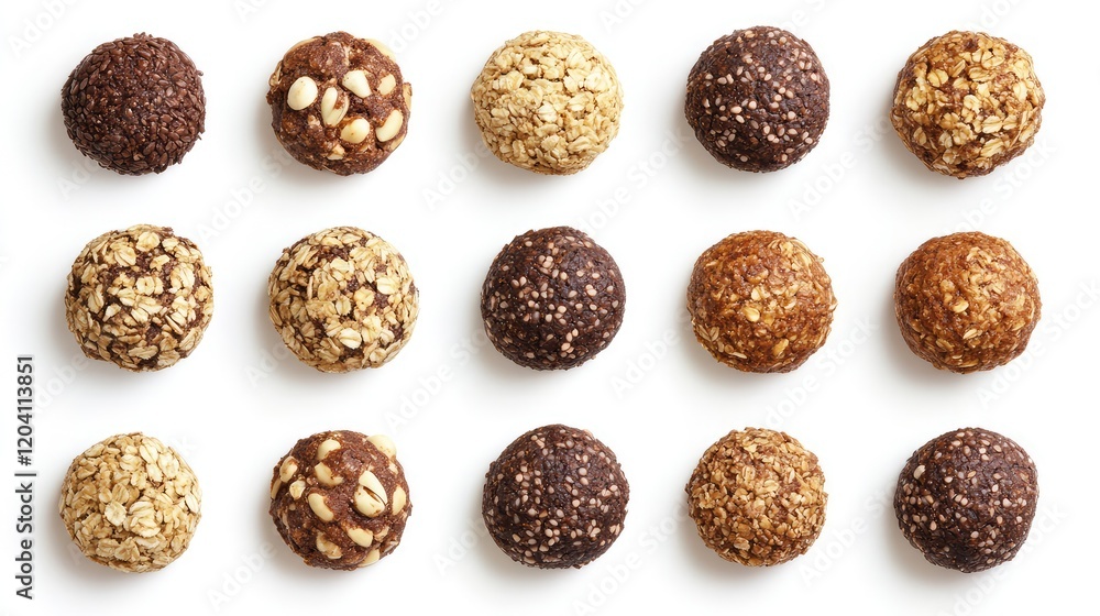 Poster Assorted energy balls with various toppings arranged in rows on a white background with Copy Space for text