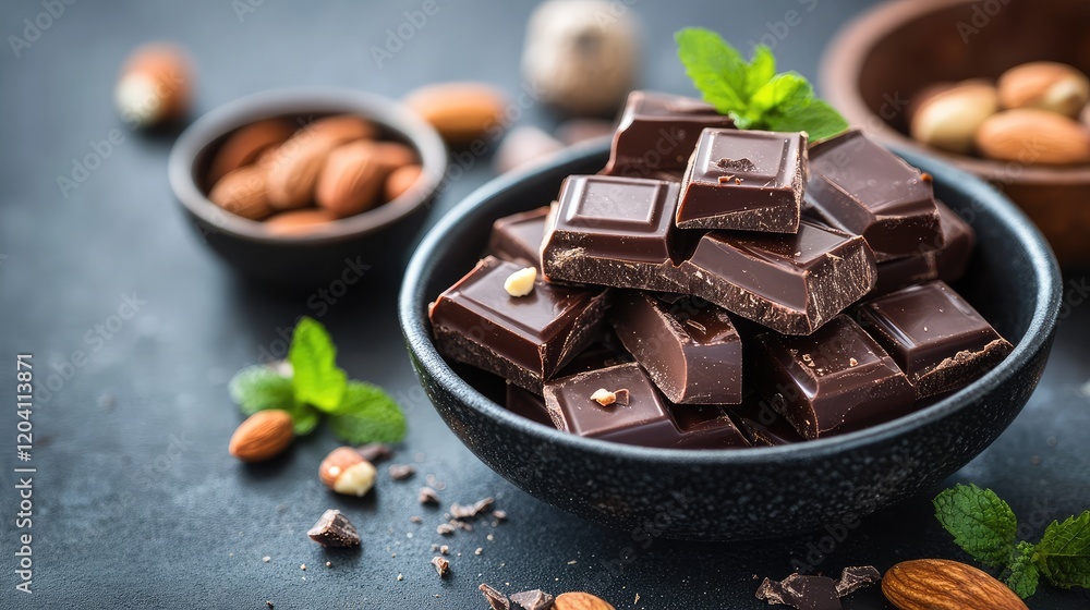 Poster dark chocolate pieces with almonds and mint leaves on a textured surface with bowls of nuts and copy
