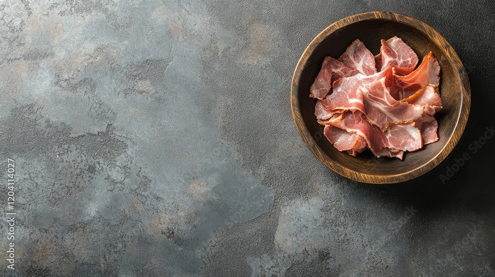 Poster Sliced cured meat served in a wooden bowl on dark textured background with ample copy space for text or design elements