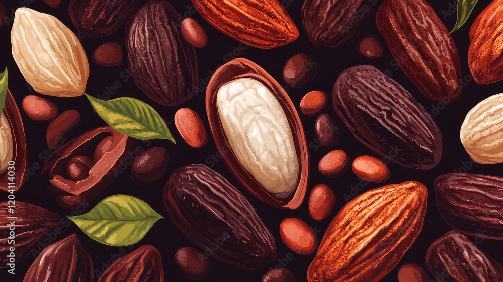 Poster assorted cocoa beans and nuts on dark background with leaves copy space