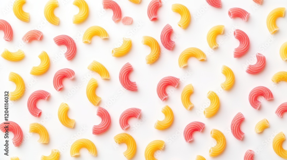 Poster multicolored pasta shapes scattered on a white background with ample copy space for text placement