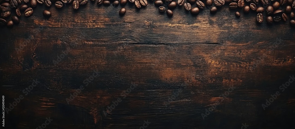 Poster coffee beans arranged on dark wooden background with ample copy space for text or graphics.