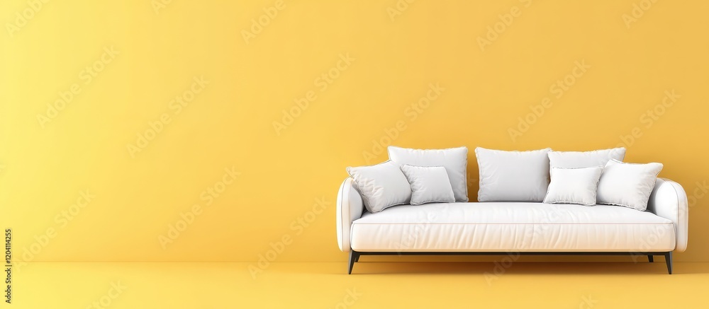 Poster Modern white sofa with multiple cushions against a vibrant yellow wall with Copy Space for inserting text or graphics