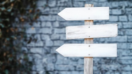 Naklejka premium Wooden directional signpost with three blank white arrows on a weathered brick wall background with Copy Space for text placement
