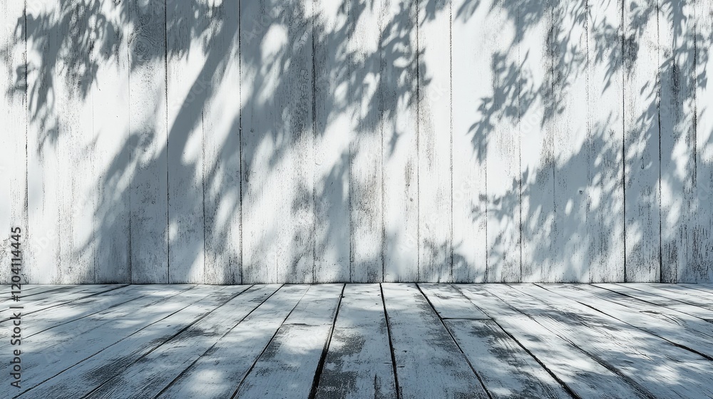 Aufkleber wooden floor and white wooden wall with shadows cast by leaves creating a textured background with a