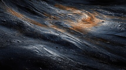 Abstract cosmic landscape featuring dark textured surfaces with hints of orange and silver, suitable for backgrounds, Copy Space available.