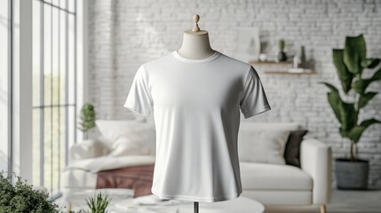 White T-shirt mockup, modern room, display, clothing, interior
