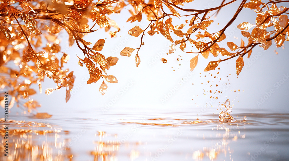 Poster a zoomed-in image of a tree branch with water in the foreground and a vivid blue sky in the backdrop