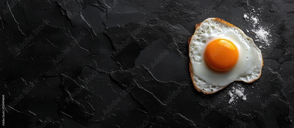 Poster fried egg with a runny yolk on a dark stone surface with ample copy space for text placement.
