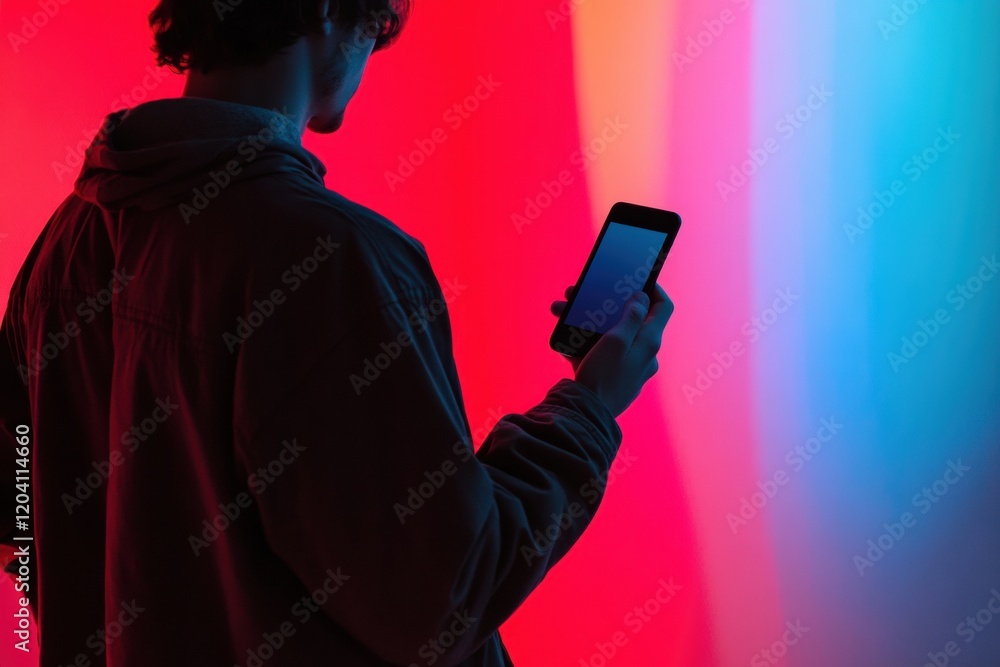 Aufkleber engaging with a smartphone against a vibrant illuminated background at night. generative ai