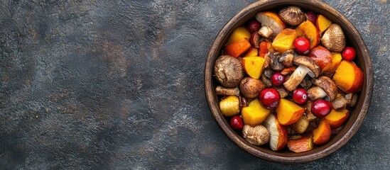 Fototapeta premium Colorful assortment of roasted seasonal vegetables and fruits in a bowl on dark textured background with Copy Space