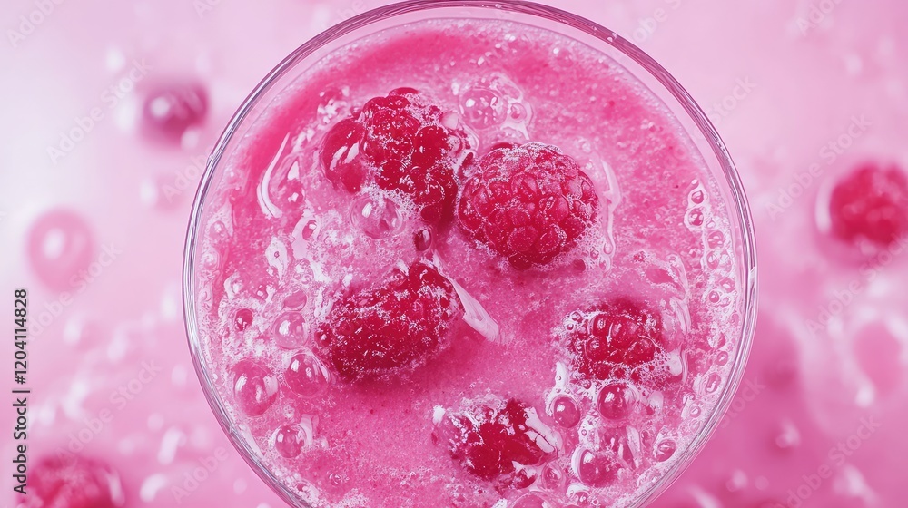 Poster Raspberry soda with bubbles in a glass on pink background with fresh raspberries and copy space for text.