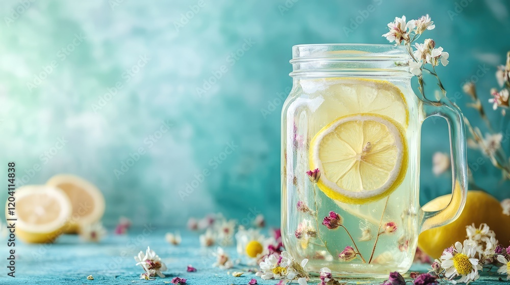 Poster refreshing lemoninfused beverage in a mason jar with flowers and lemon slices on a textured blue bac