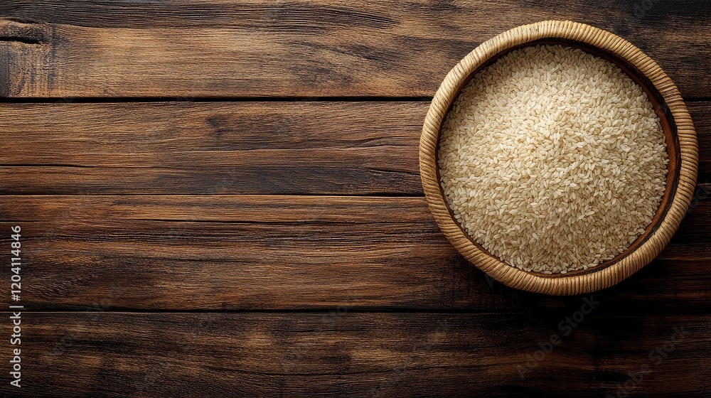 Aufkleber bowl of uncooked white rice on rustic wooden table with ample copy space for text integration