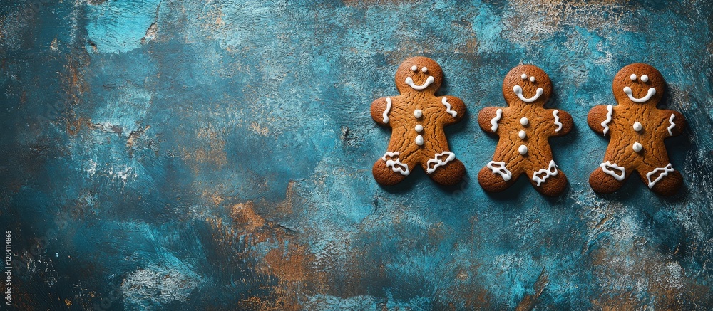 Poster gingerbread cookies on a textured turquoise background with copy space for text usage